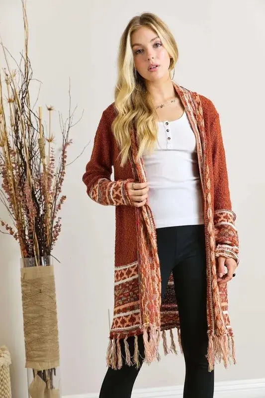 ADORA Full Size Fringe Hem Aztec Border Cardigan Plus Size - Love Salve